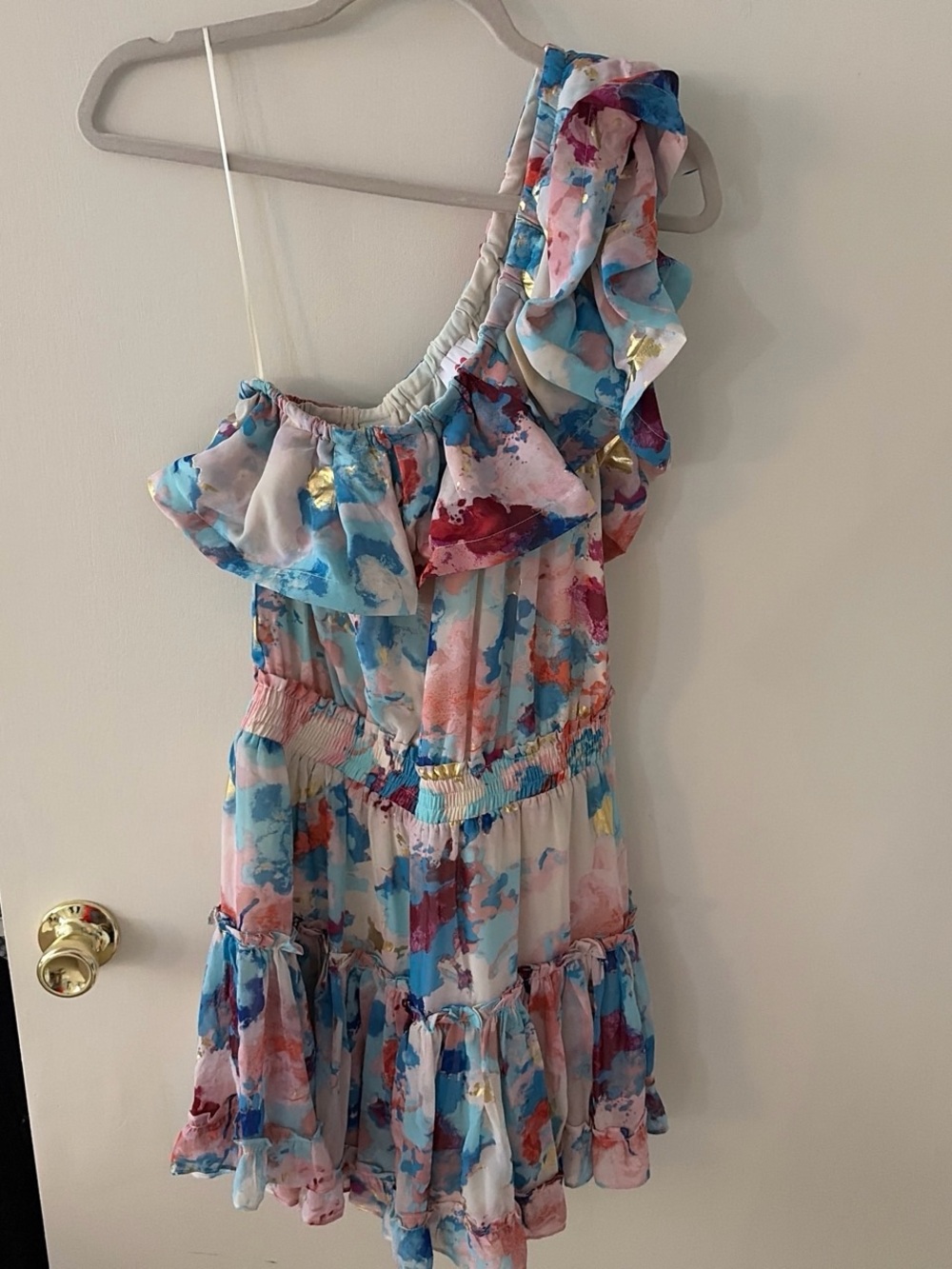 One-Shoulder Ruffle Floral Print Dress in Pastel Multi